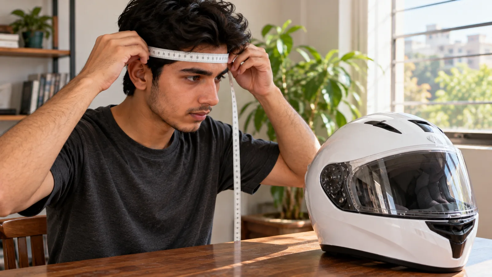 Measuring tape wrapped around a rider's head above the eyebrows next to a Jiekai helmet, showing how to use the Jiekai helmet size chart