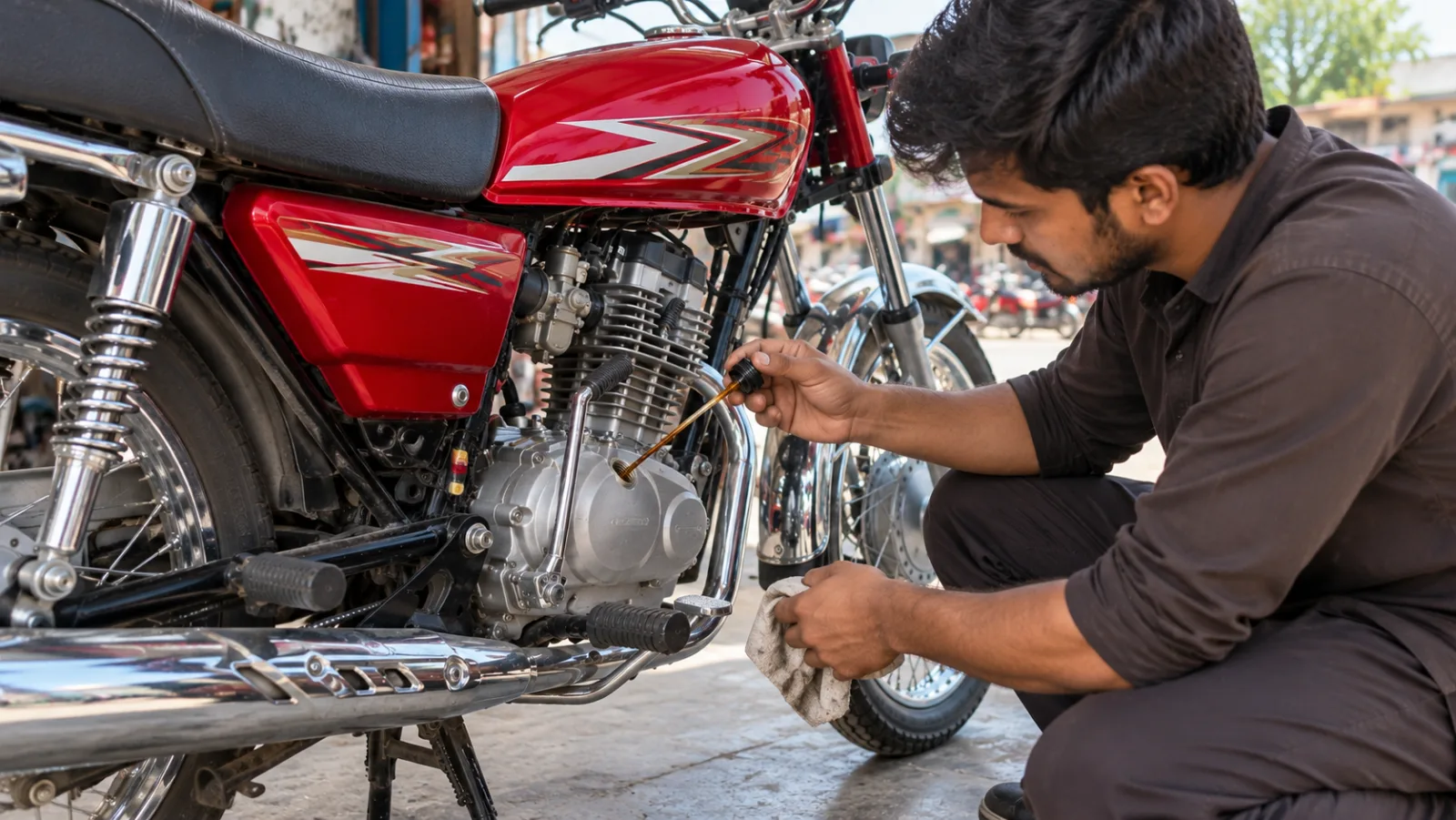 Rider checking the oil dipstick on the right side of a Honda CG 125 engine on its centre stand, illustrating Kixx engine oil changes