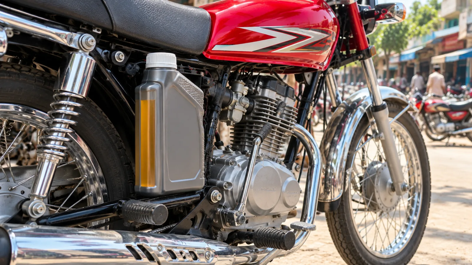 Plain one-litre bottle of 20W-50 motorcycle oil beside the engine of a Honda CG 125, illustrating Kixx engine oil price in Pakistan