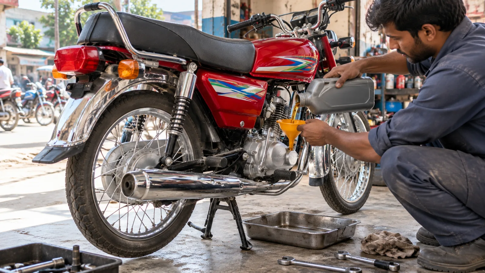 Mechanic pouring golden 20W-50 motorcycle oil from a plain one-litre bottle into the filler of a red Honda CD 70 in a bright Lahore workshop, illustrating Kixx 20W50 price and oil changes