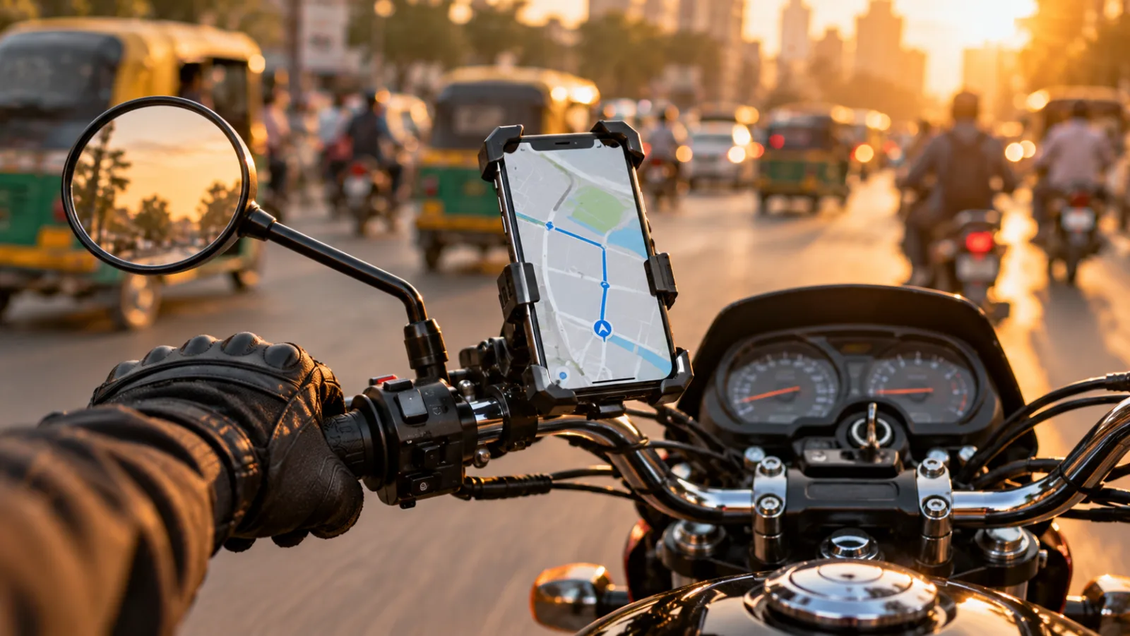Smartphone showing a map in an aluminium mobile holder for bike handlebars, claw-mounted on a commuter motorcycle, city street blurred behind