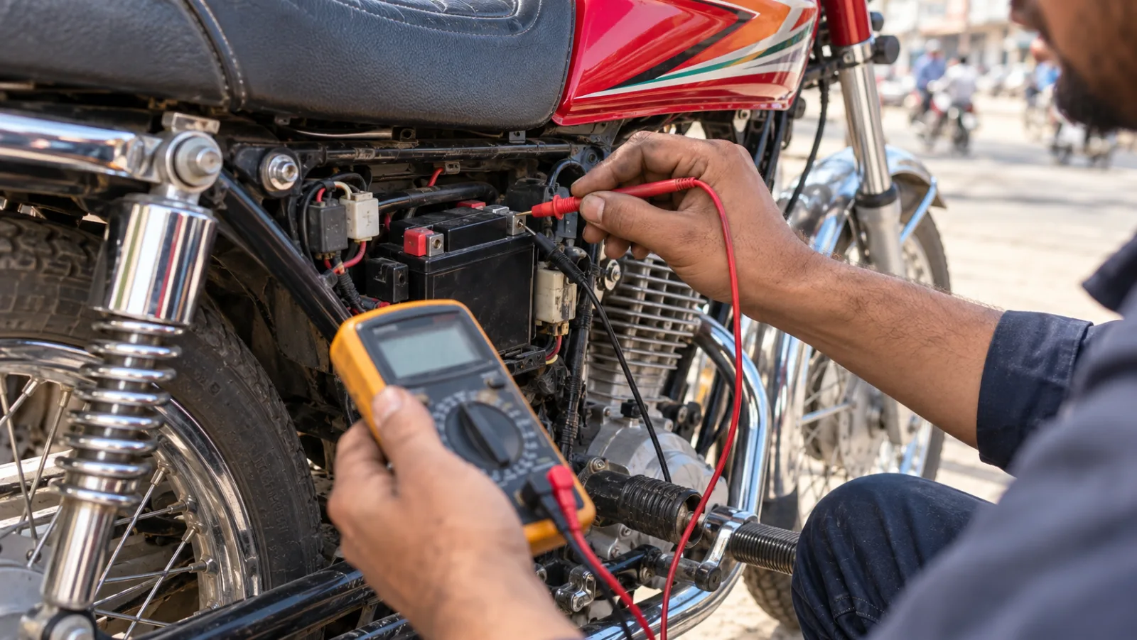 Mechanic checking a motorcycle battery with a digital multimeter on the side of a parked commuter bike, illustrating CD 70 battery price and battery health