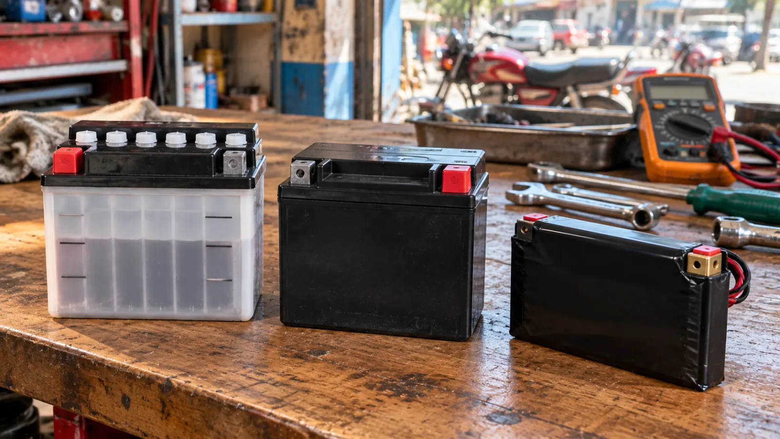 Three motorcycle battery types side by side on a workshop bench: a refillable acid battery with white cell caps, a sealed black dry battery and a slim lithium pack, illustrating bike battery price in Pakistan