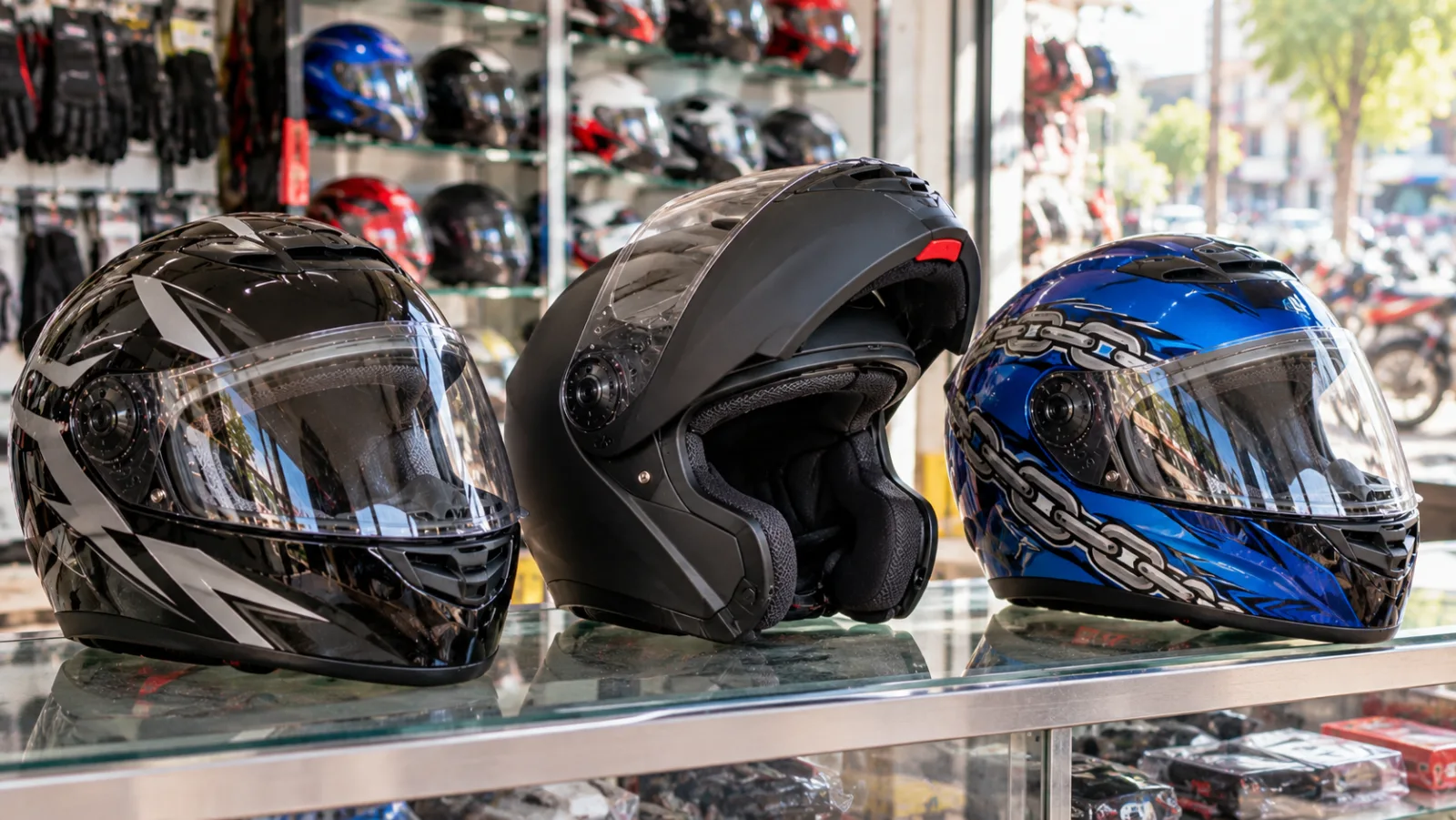 Three full face and flip-up helmets lined up on a shop counter, in-stock alternatives at the Studds helmet price in Pakistan