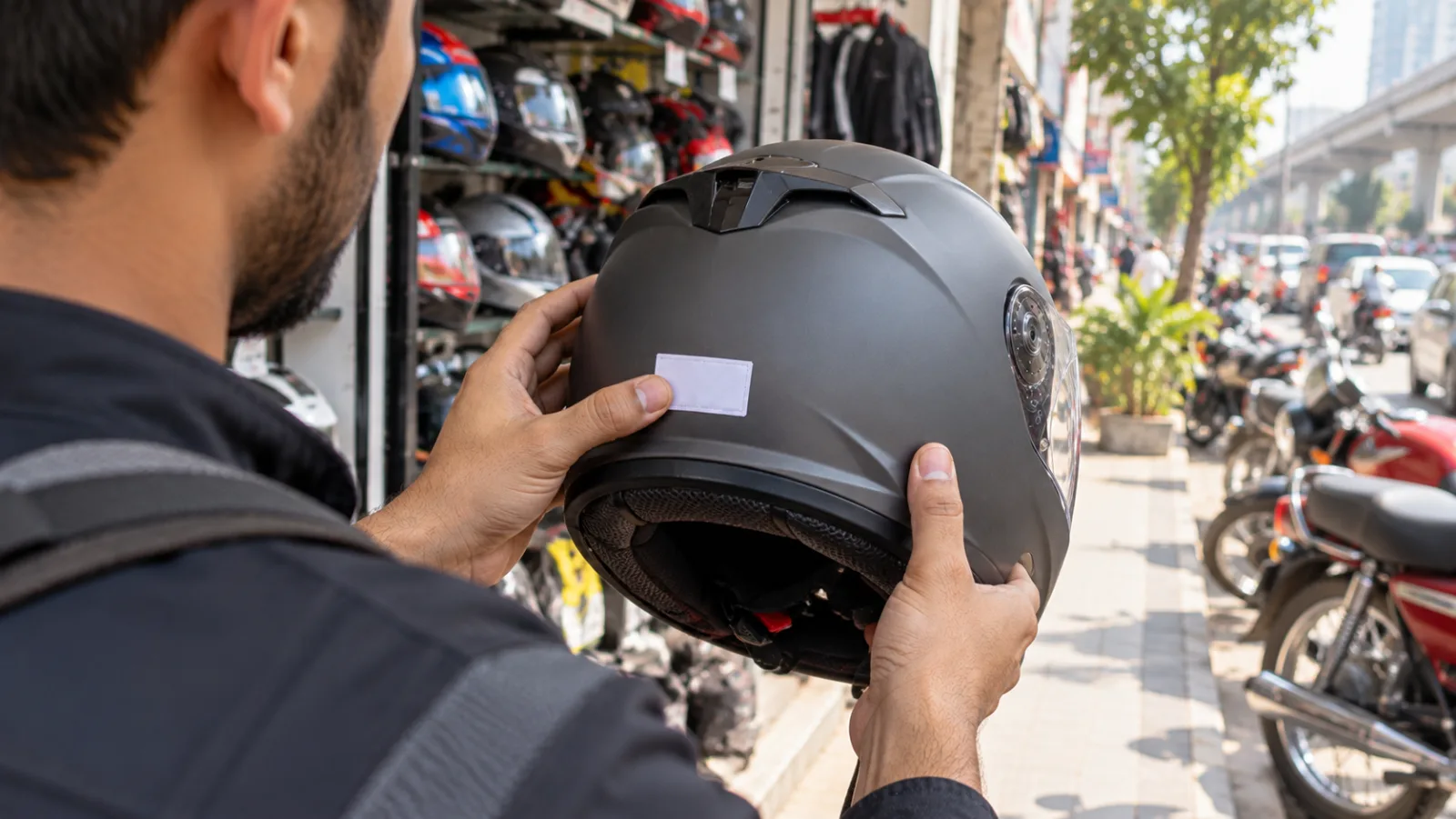 Close-up of a rider checking the certification label on the back of a full face helmet, the check that matters before paying any Studds helmet price in Pakistan
