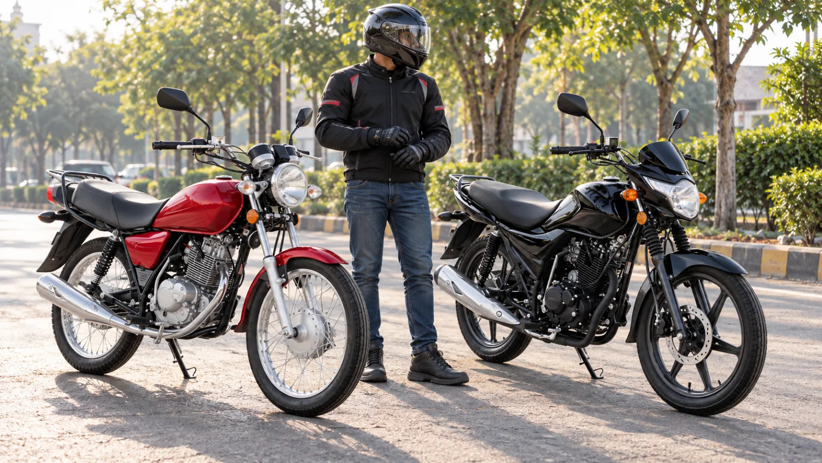Red Suzuki GS 150 and black Suzuki GR 150 side by side on a Lahore service road, showing the GS 150 vs GR 150 differences behind the Suzuki 150 price in Pakistan