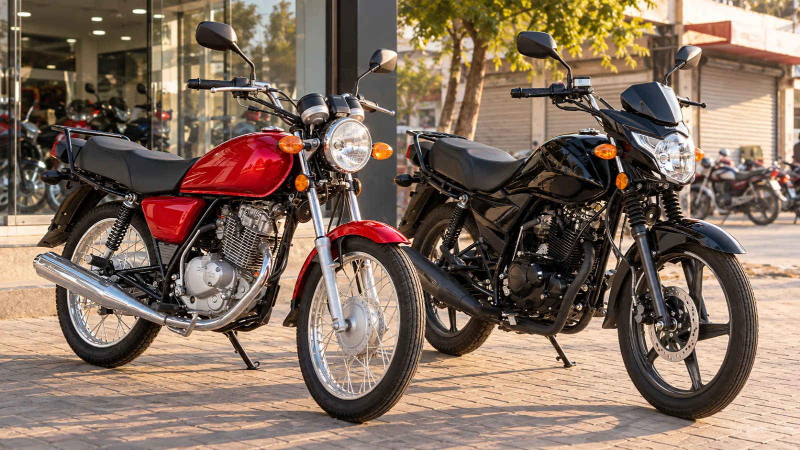 Suzuki GS 150 and Suzuki GR 150 parked side by side outside a dealership on a Pakistani street, illustrating Suzuki 150 price in Pakistan 2026