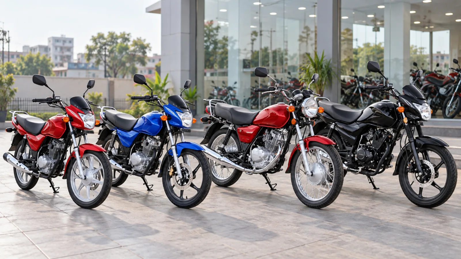 Suzuki GD 110S, GSX 125, GS 150 and GR 150 lined up on a Suzuki dealership forecourt in Pakistan, showing the full Suzuki motorcycle price in Pakistan line-up