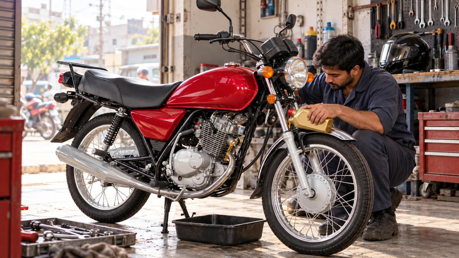 Mechanic pouring 10W-40 engine oil into a Suzuki GS 150 in a Karachi workshop, with a full-face helmet on the bench, illustrating Suzuki 150 running costs
