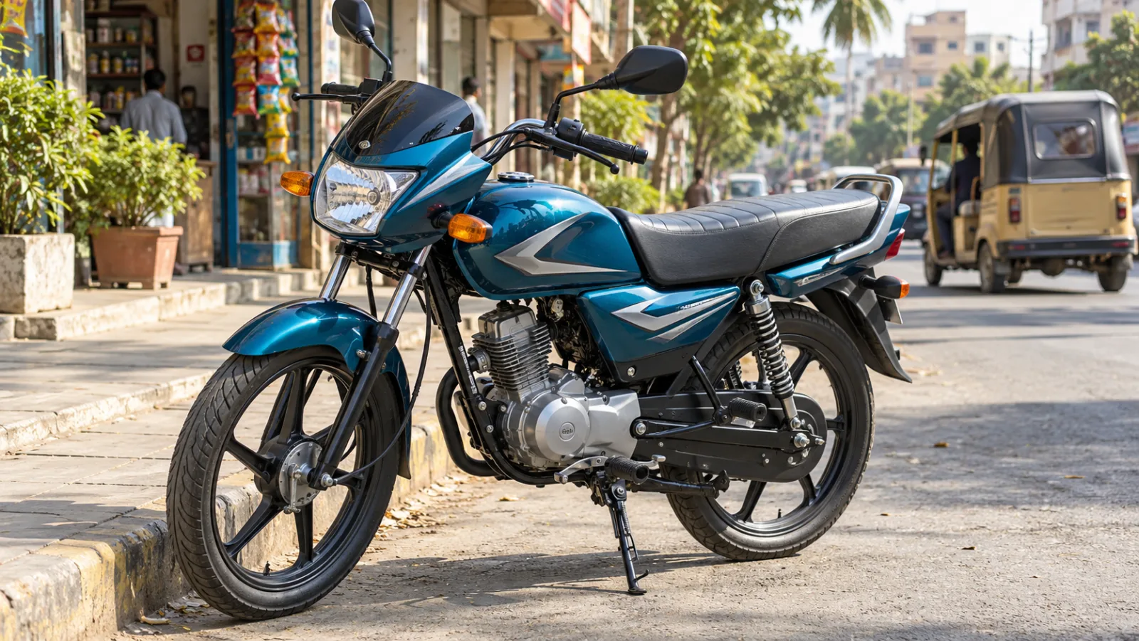 Blue Suzuki GD 110S commuter motorcycle parked on a Karachi street, three-quarter view, illustrating Suzuki 110 price in Pakistan 2026