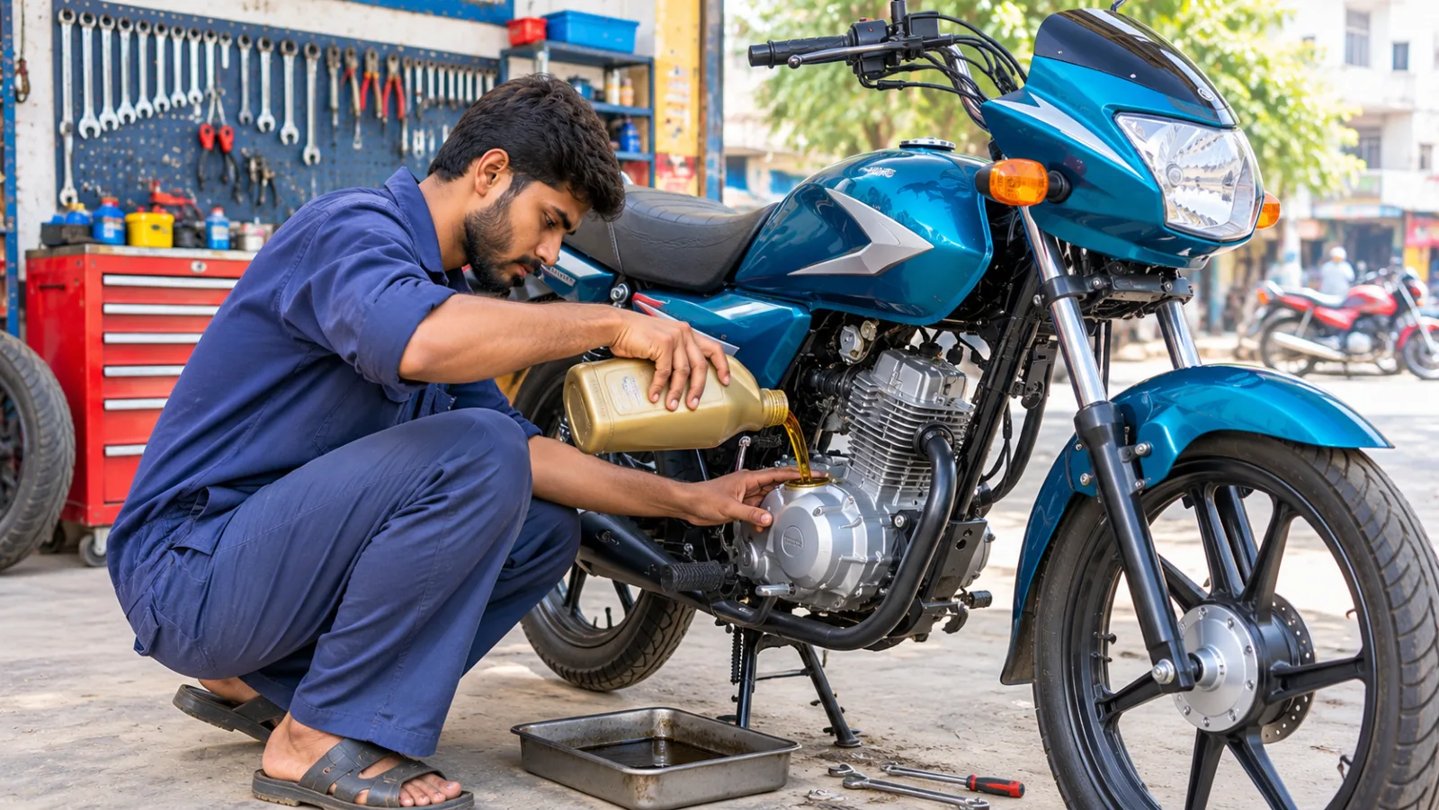Mechanic pouring engine oil into a Suzuki GD 110S on its centre stand in a small Pakistani workshop, showing GD 110S running costs