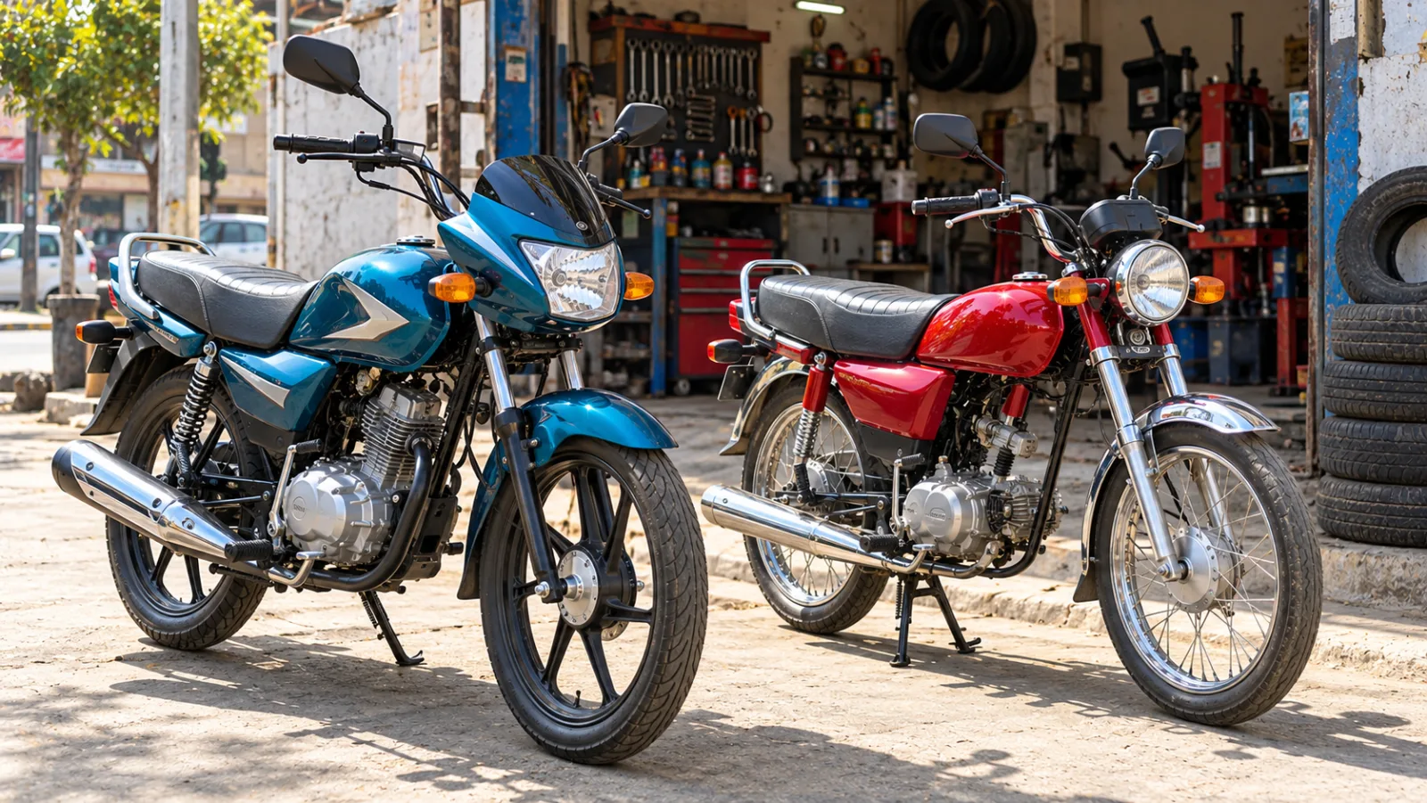 Blue Suzuki GD 110S with alloy wheels parked beside a red Honda CD 70 with spoke wheels outside a Pakistani bike shop, comparing GD 110S vs CD 70 for Suzuki 110 price in Pakistan buyers