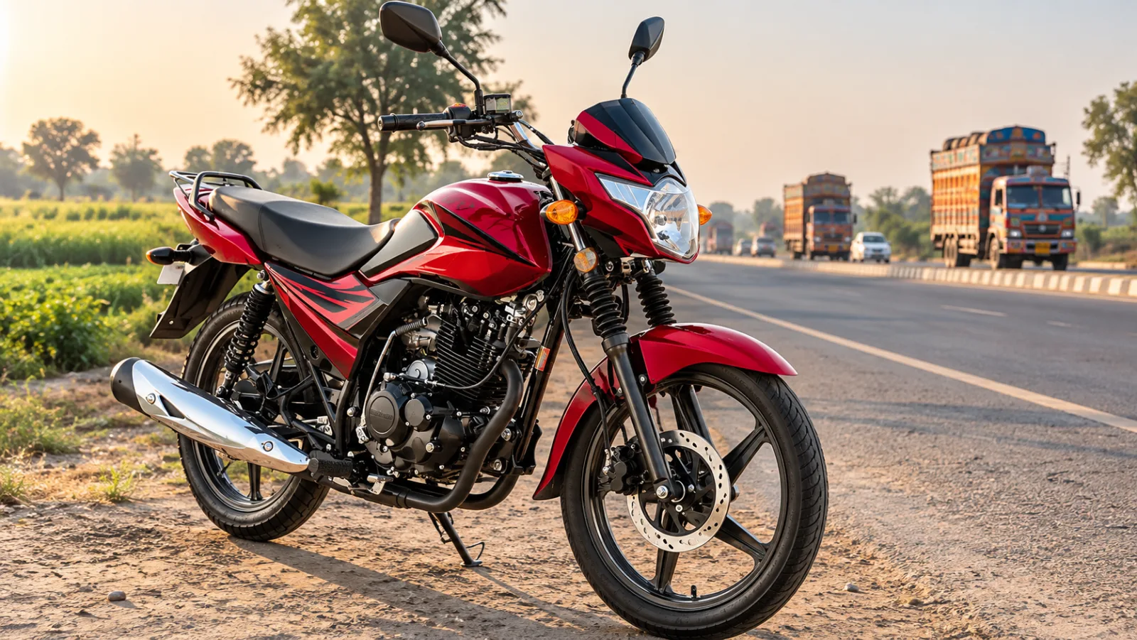 Red Suzuki GR 150 sports-style 150cc motorcycle parked on a highway shoulder in Punjab, three-quarter view, illustrating Suzuki GR 150 price in Pakistan 2026