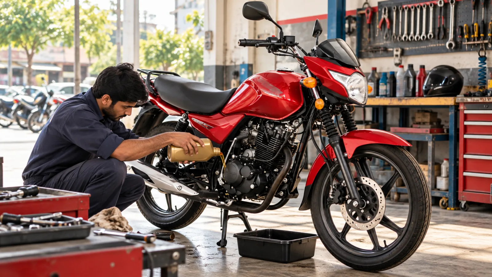 Mechanic pouring fresh engine oil into a sporty 150cc motorcycle in a Pakistani workshop, with a 1-litre oil bottle and tools on the bench, showing a Suzuki GR 150 oil change