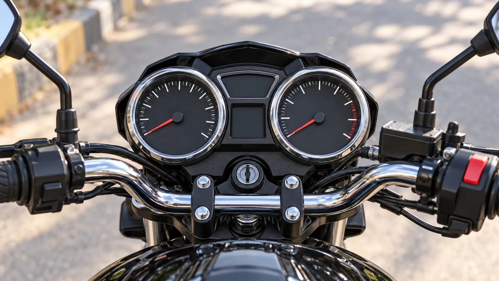 Close-up of the analogue speedometer, tachometer and digital gear indicator on a sporty 150cc motorcycle, showing the Suzuki GR 150 specs and instrument cluster
