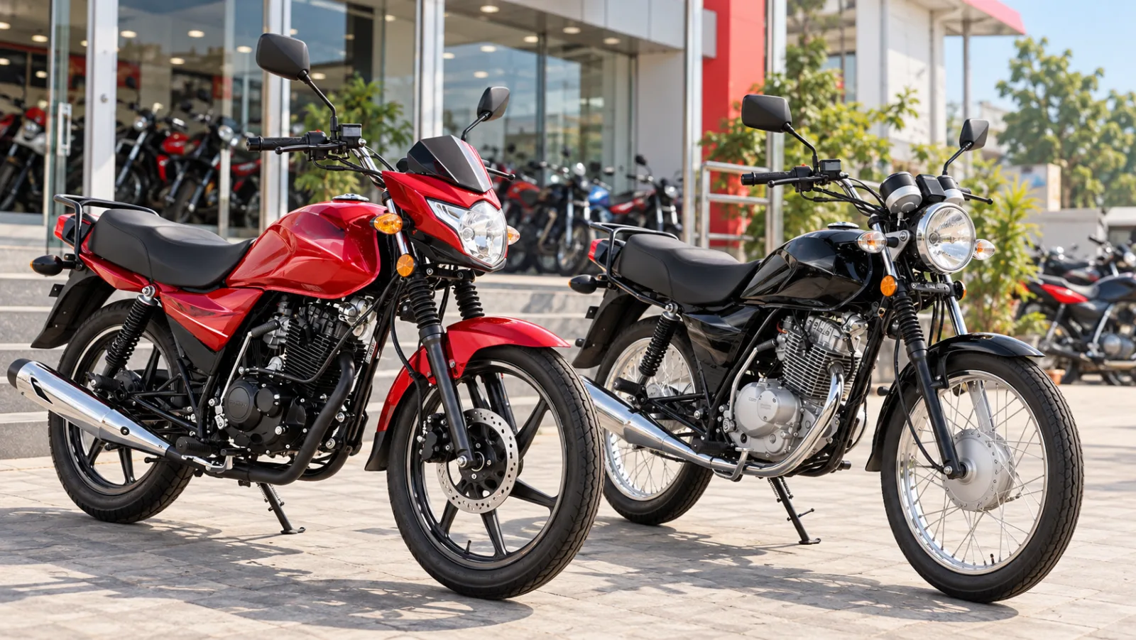 Suzuki GR 150 and Suzuki GS 150 parked side by side outside a Pak Suzuki dealership, comparing the two Suzuki 150cc bikes for GR 150 vs GS 150