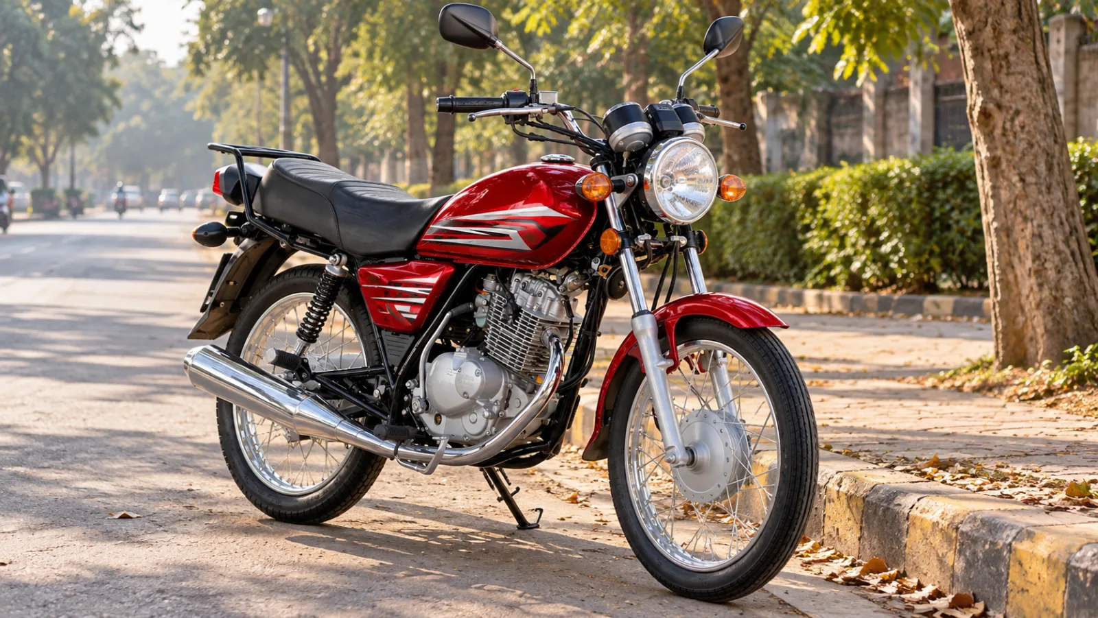 Red Suzuki GS 150 commuter motorcycle parked on a Lahore road in morning light, illustrating Suzuki GS 150 price in Pakistan 2026
