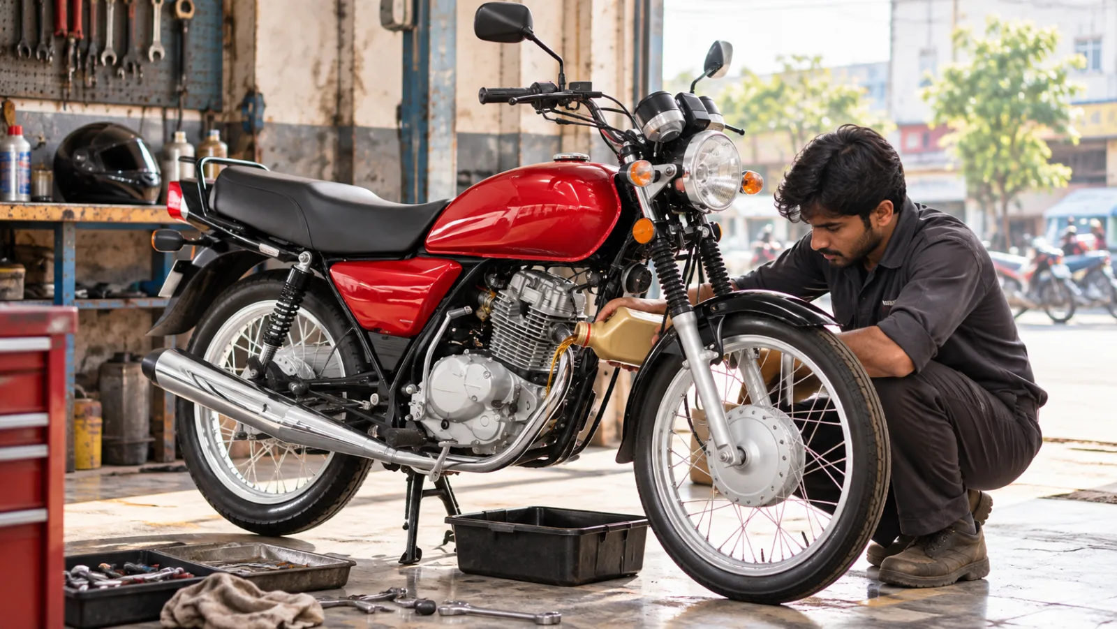 Mechanic pouring 10W-40 motorcycle engine oil into a Suzuki GS 150 engine in a Pakistani workshop during a routine service