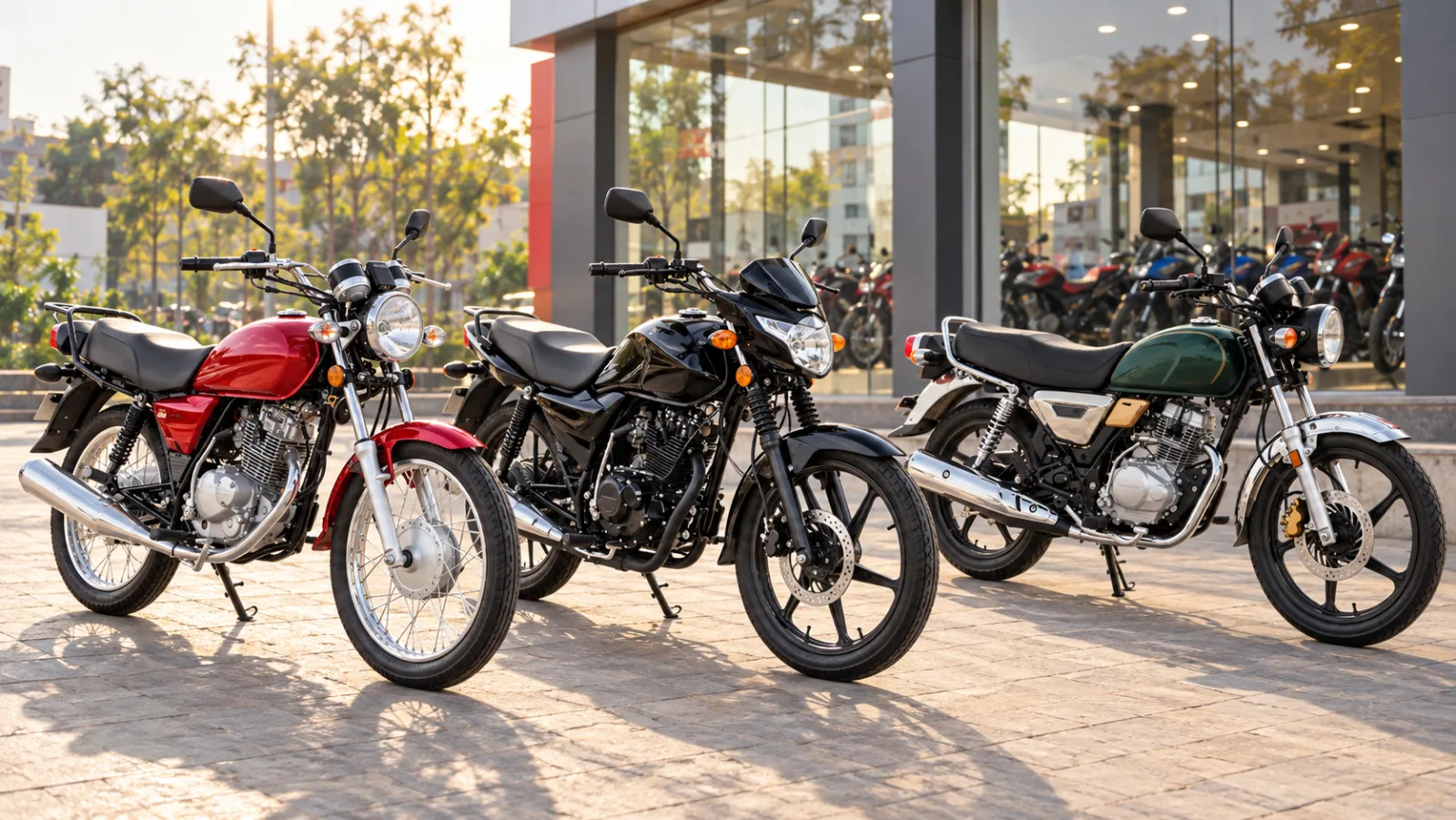 Suzuki GS 150, Suzuki GR 150 and Honda CG 150 lined up outside a dealership for a gs 150 vs gr 150 and Honda 150 comparison