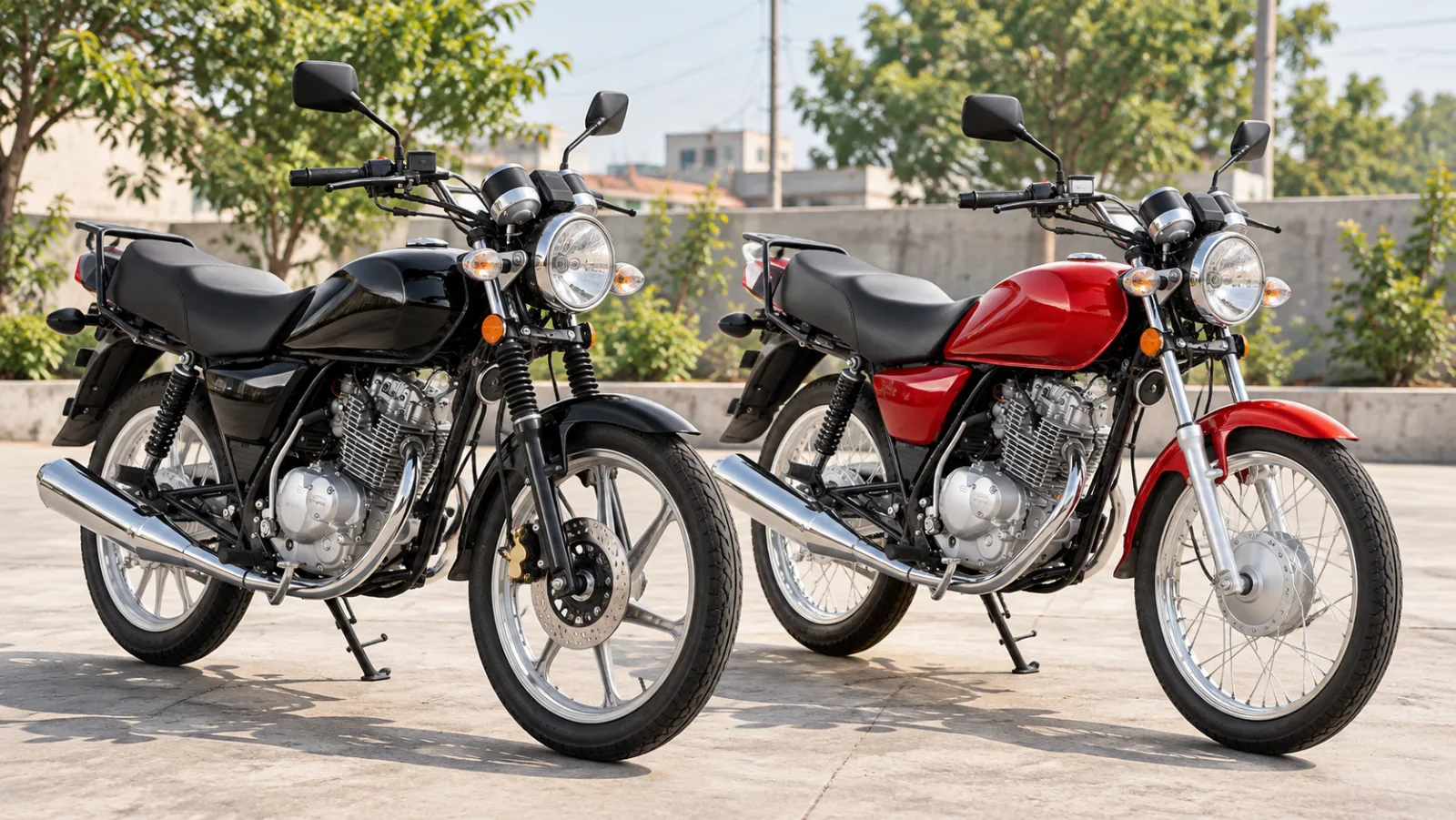 Suzuki GS 150 SE with alloy wheels and a front disc brake parked beside a standard Suzuki GS 150 with spoke wheels and drum brakes, showing the GS 150 vs GS 150 SE differences