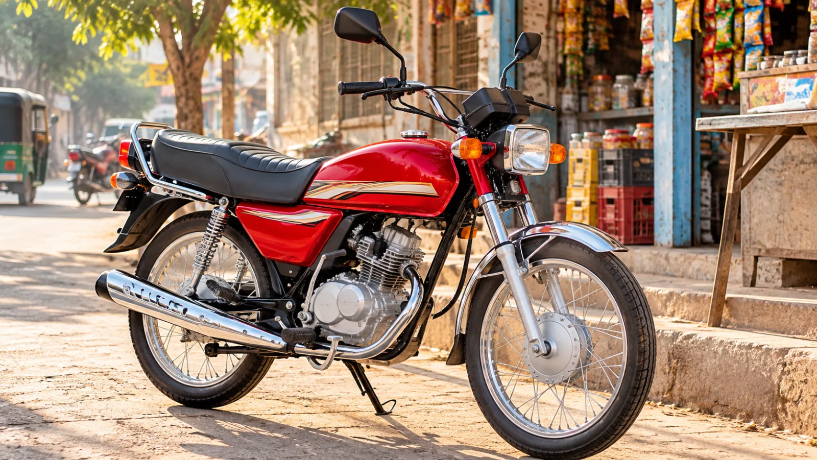 Red United US 125 motorcycle with spoke wheels parked outside a shop on a Pakistani street, illustrating United 125 price in Pakistan 2026