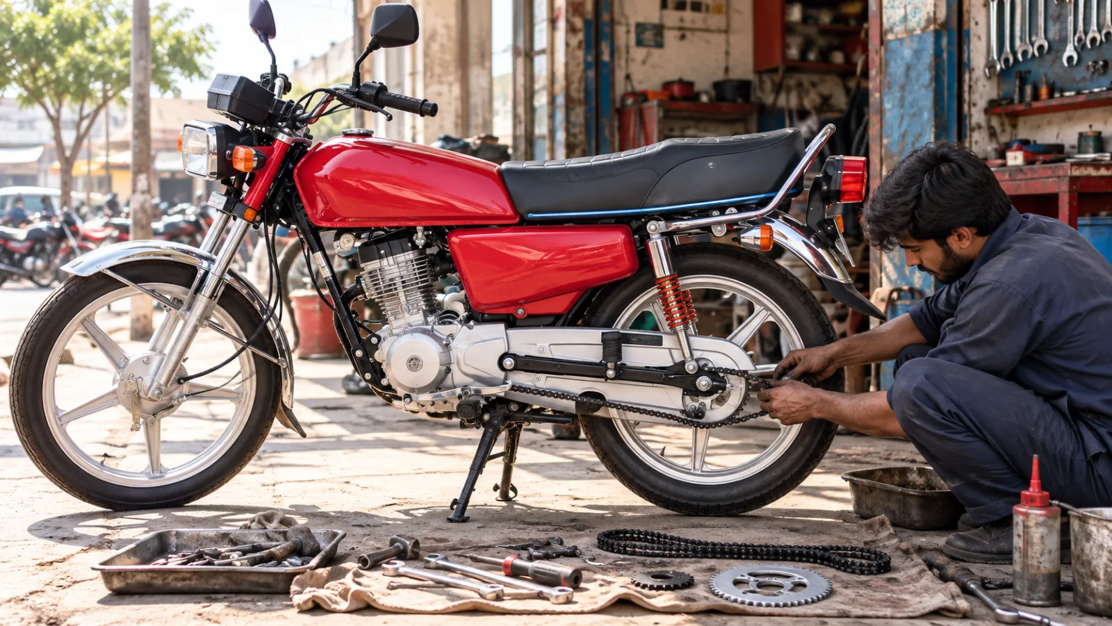 Mechanic fitting a chain sprocket set to a United US 125 in a roadside workshop in Pakistan, showing United 125 spare parts and service