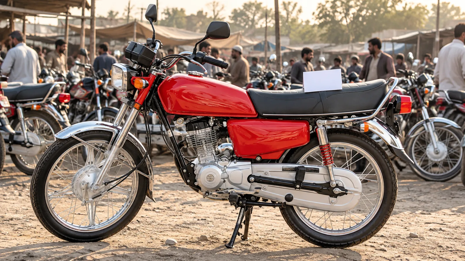 Used red United US 125 with a for-sale card on its seat in a bike bazaar in Pakistan, illustrating used United 125 bike prices