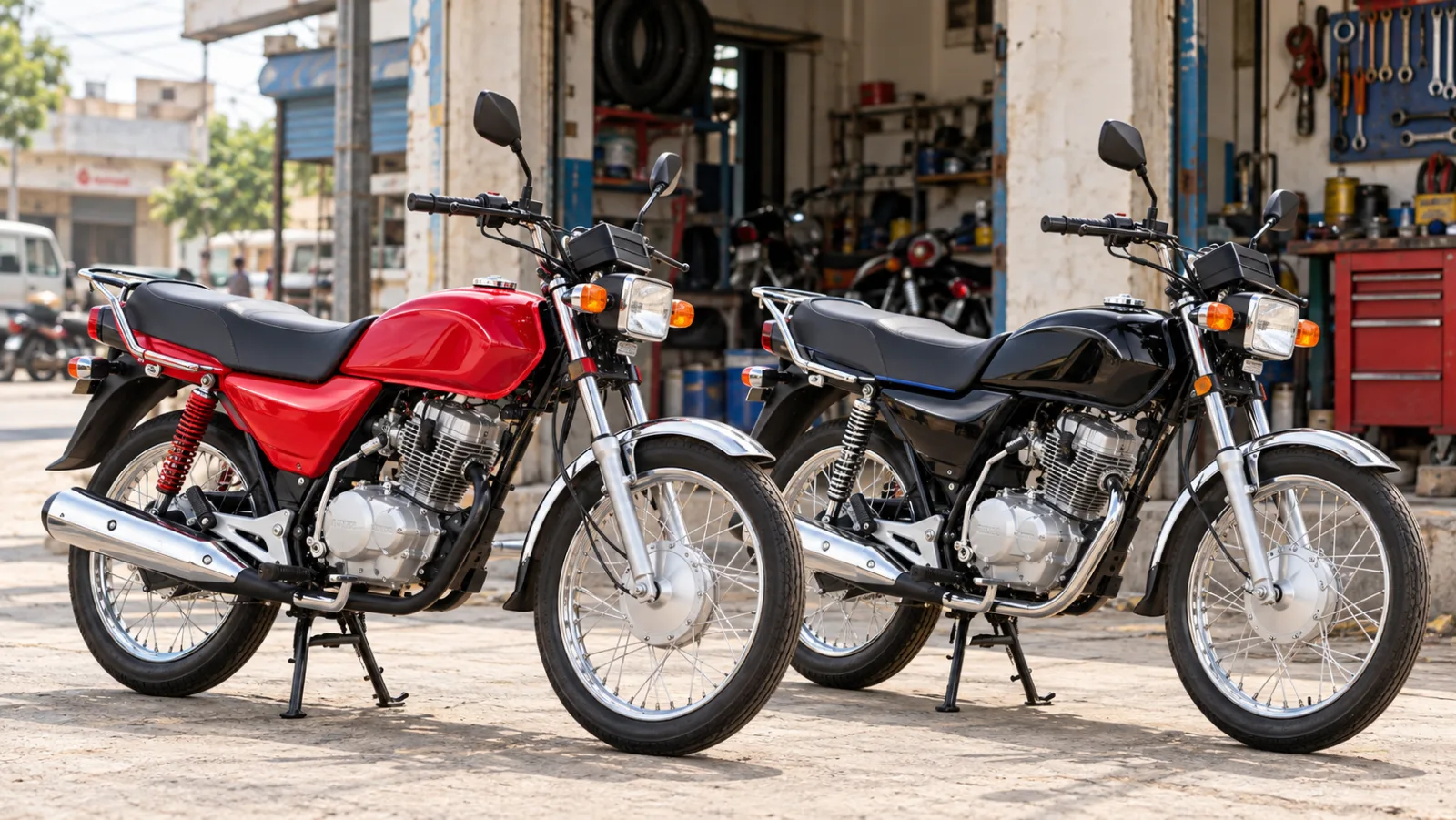 Red United US 125 and black Honda CG 125 parked side by side outside a workshop, showing the United 125 vs Honda CG 125 comparison