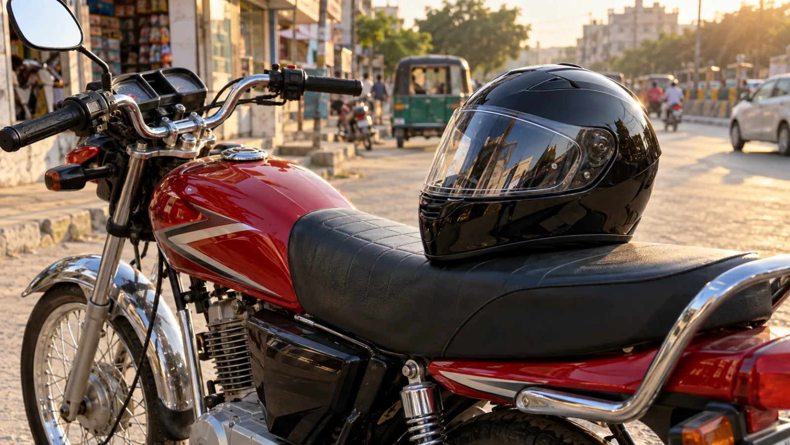 Vector VT-254 flip-up helmet in gloss black on the seat of a commuter motorcycle in a Pakistani street, illustrating Vector helmet price in Pakistan