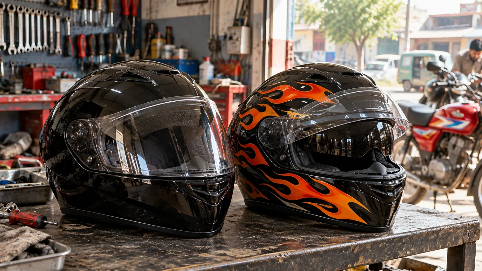 Vector VT-254 full face helmet and VT-254 Prime side by side on a workshop bench, showing the Prime's flip-up chin bar and drop-down sun visor, for the Vector helmet price comparison