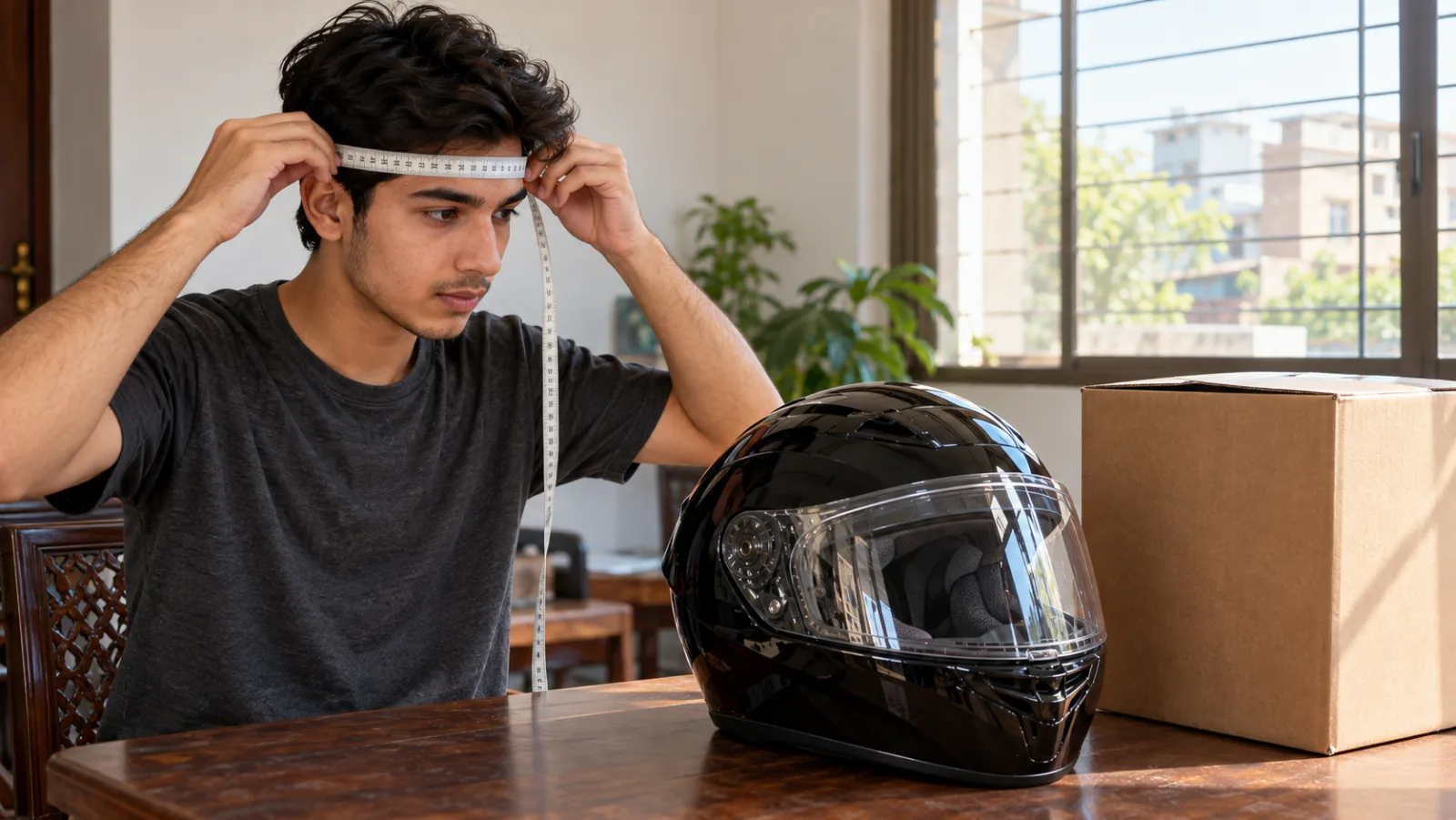 Rider measuring head circumference with a soft tailor's tape above the eyebrows before ordering a Vector helmet, showing how Vector helmet sizes are chosen