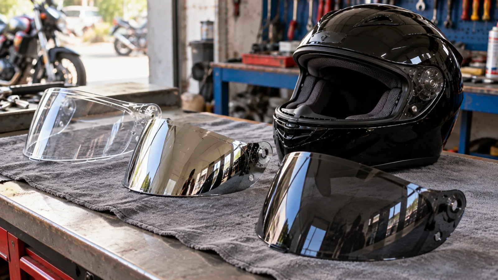 Replacement clear and smoked visors for a Vector full face helmet laid on a cloth next to the helmet, showing Vector helmet visor spares