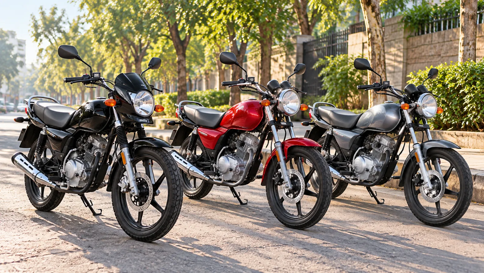 Yamaha YBR 125G, YBR 125 and YBZ 125 DX parked in a row on a Pakistani street, illustrating Yamaha bikes price in Pakistan