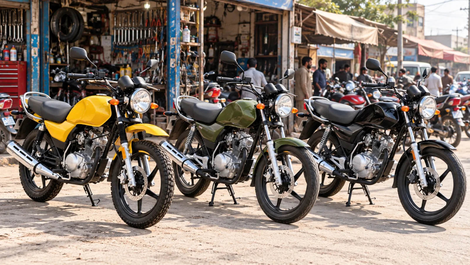 Yamaha YBR 125, YBR 125G and YBZ 125 DX side by side in a sunny Pakistani bazaar, comparing the Yamaha 125 price in Pakistan across the three models
