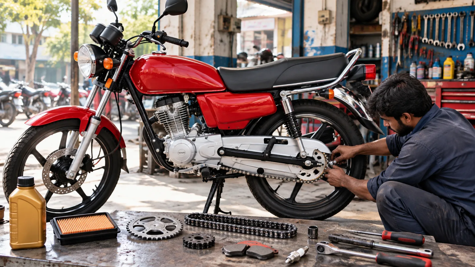 A mechanic fitting a new chain and sprocket kit to a used Yamaha YBR 125 in a small Pakistani workshop, with Yamaha spare parts laid out on the bench