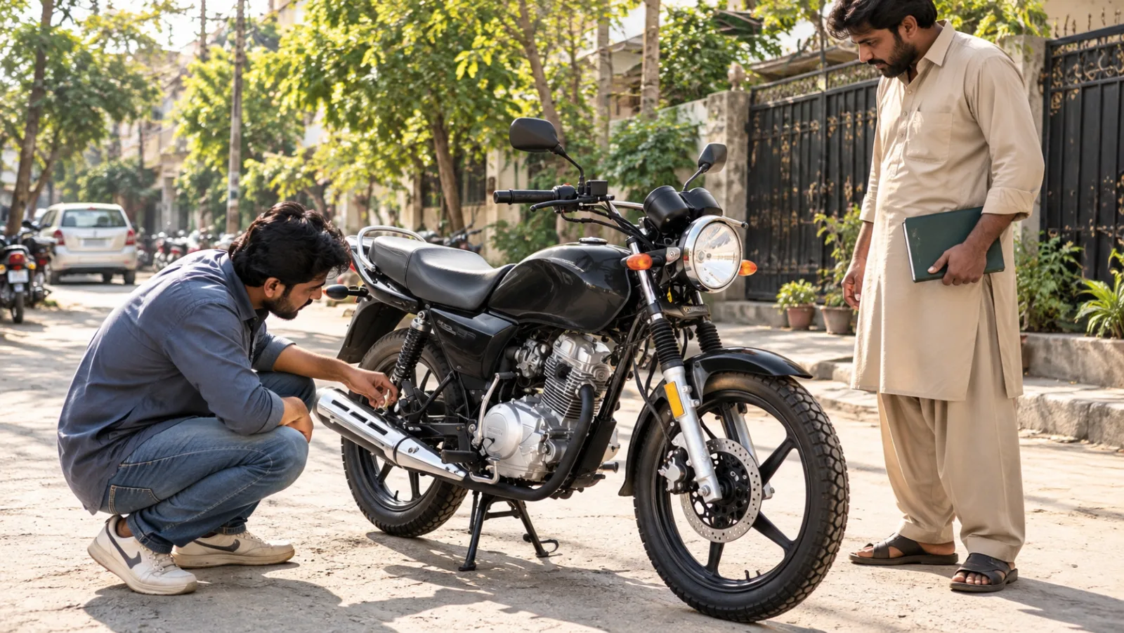 A buyer inspecting a used black Yamaha YBR 125G in a Lahore side street while the seller holds the registration book, illustrating used Yamaha bike price in Pakistan