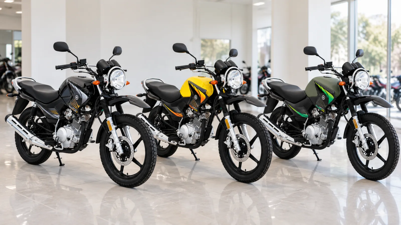 Three Yamaha YBR 125G motorcycles side by side on a bright white floor, in black, yellow and dark grey-green paint, showing the YBR 125G colour options