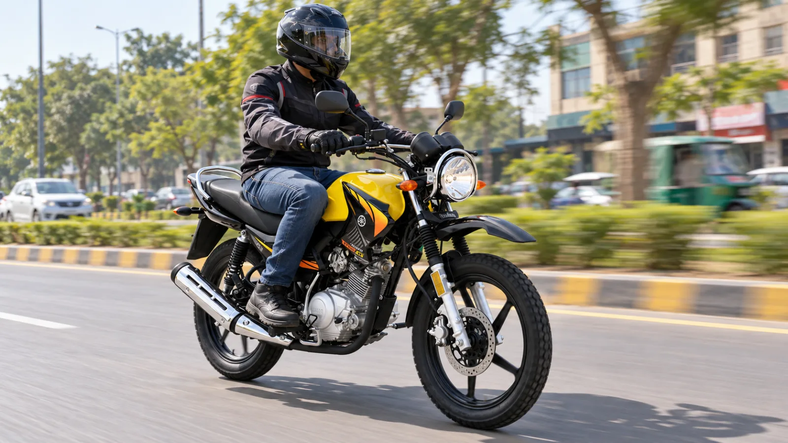 A rider in a full-face helmet and riding jacket on a yellow and black Yamaha YBR 125G on a sunny tree-lined Pakistani city road, illustrating the Yamaha YBR 125G price in Pakistan