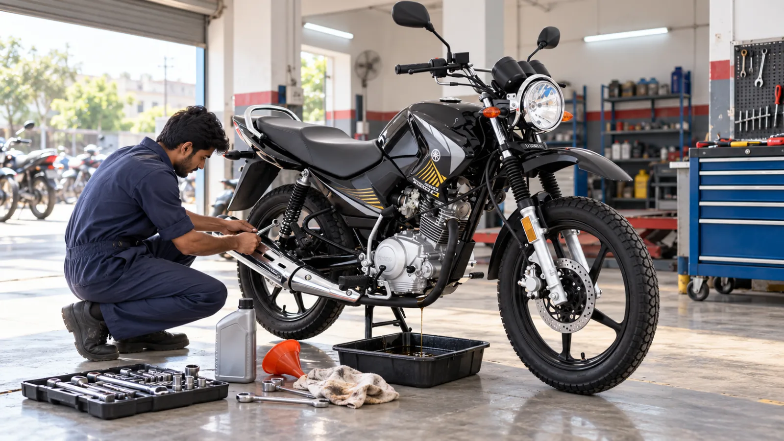 A mechanic kneeling beside a black Yamaha YBR 125G in a bright workshop, draining engine oil into a tray with a new oil bottle and tools beside him