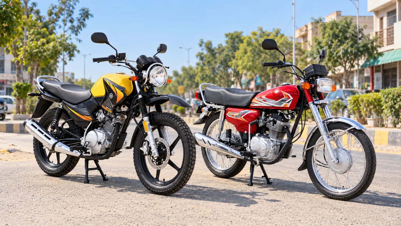 A yellow Yamaha YBR 125G and a red Honda CG 125 parked side by side on a sunny Pakistani street, comparing the two 125cc motorcycles