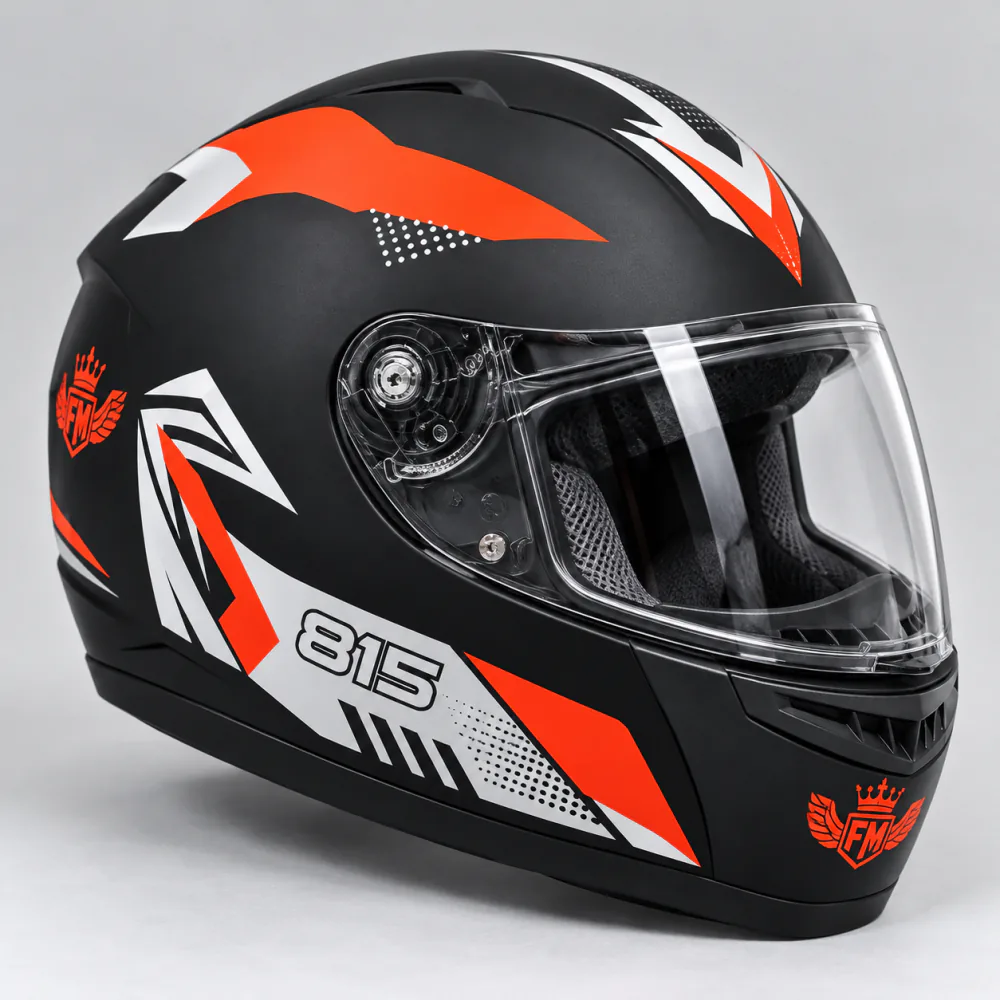 815 full face helmet in matte black with red-orange graphics and a clear visor, a budget helmet for CD 70 riders