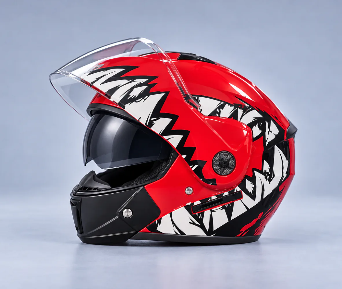 Aero Shield Flip Up Modular Helmet, Gloss Red / White Shark Teeth, side view