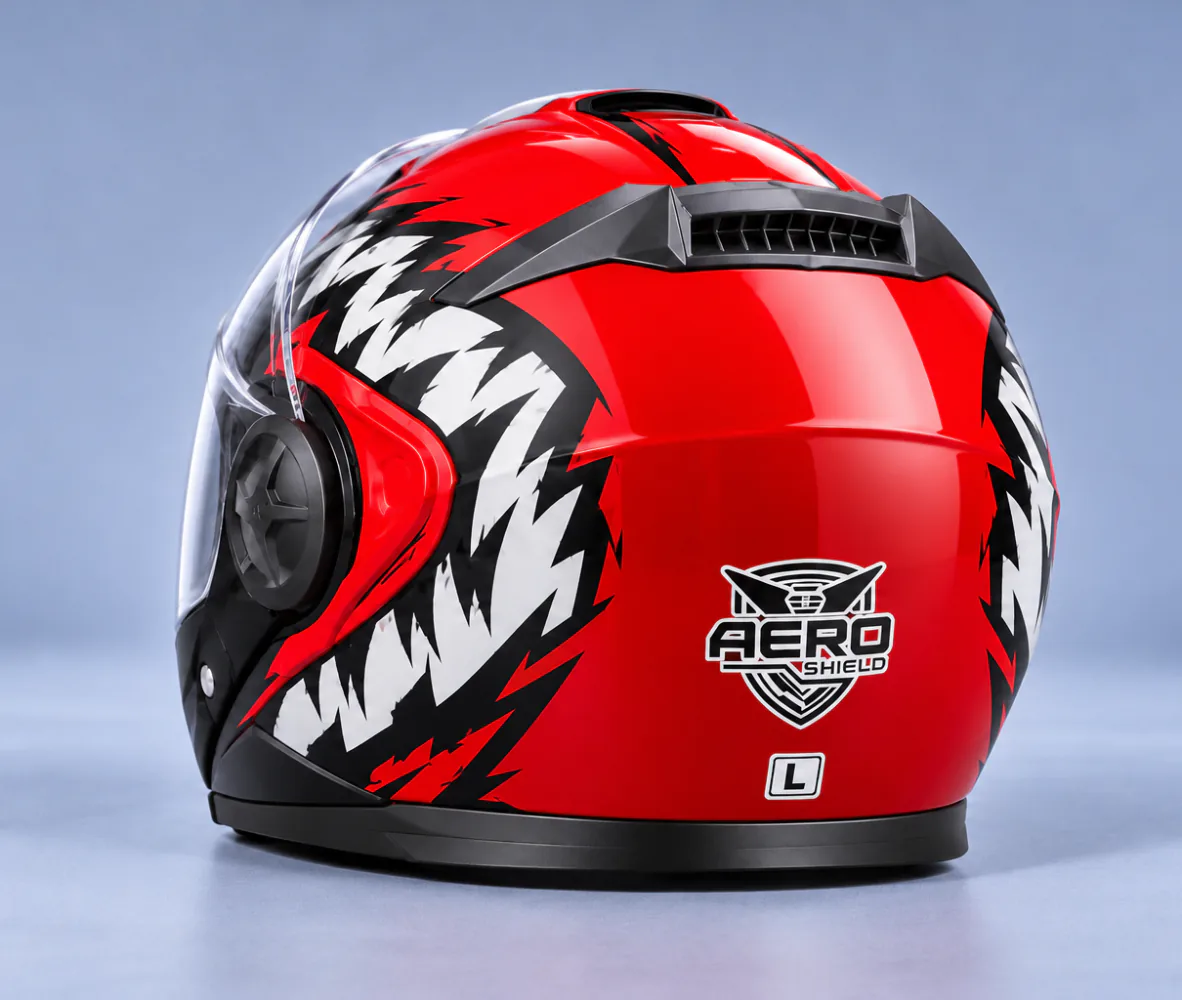 Aero Shield Flip Up Modular Helmet, Gloss Red / White Shark Teeth, rear view