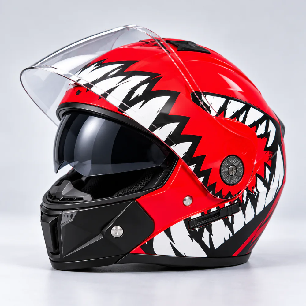 Aero Shield Flip Up Modular Helmet, Gloss Red / White Shark Teeth, front view