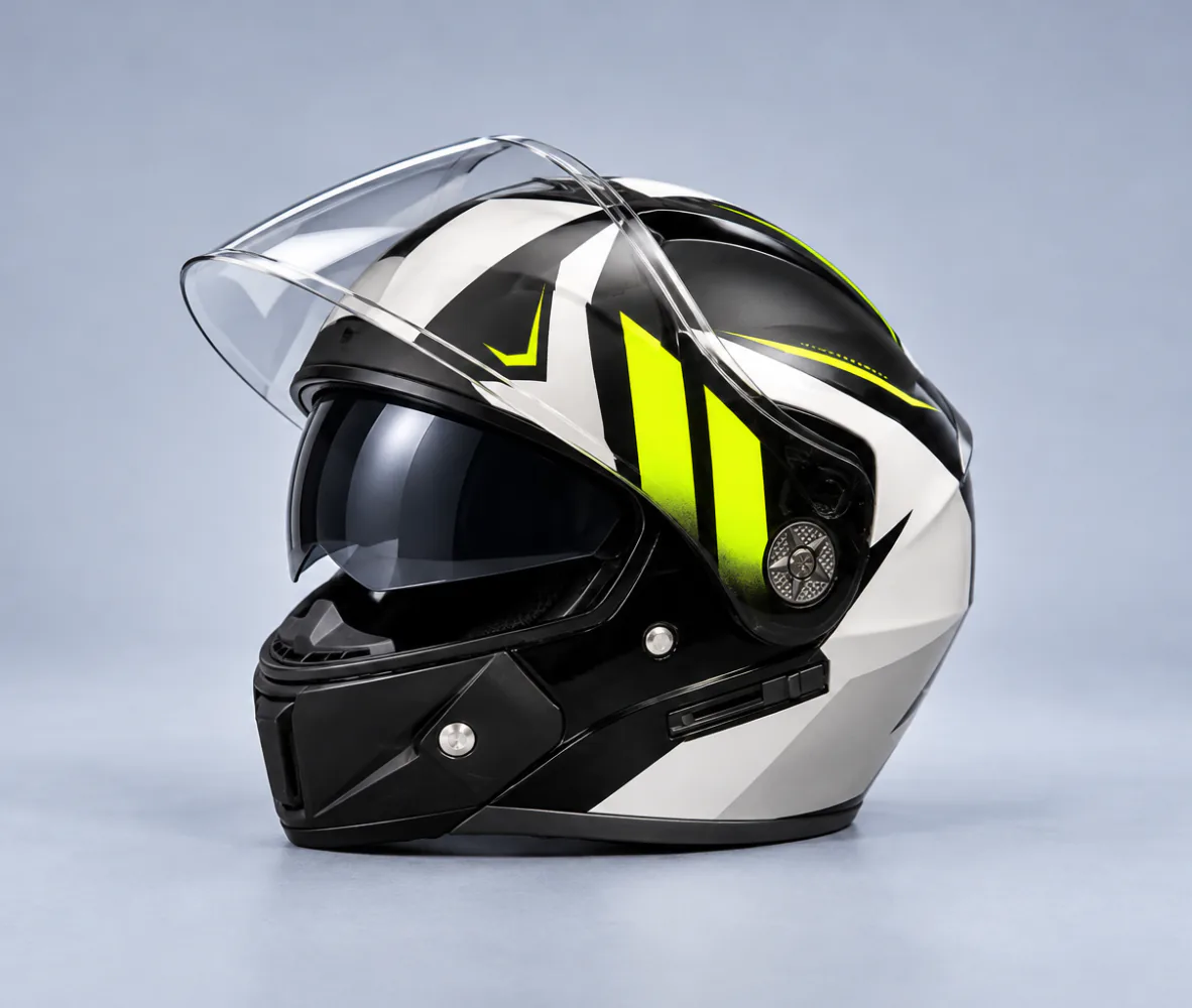 Aero Shield Flip Up Modular Helmet, Gloss White / Black / Fluorescent Yellow, front view