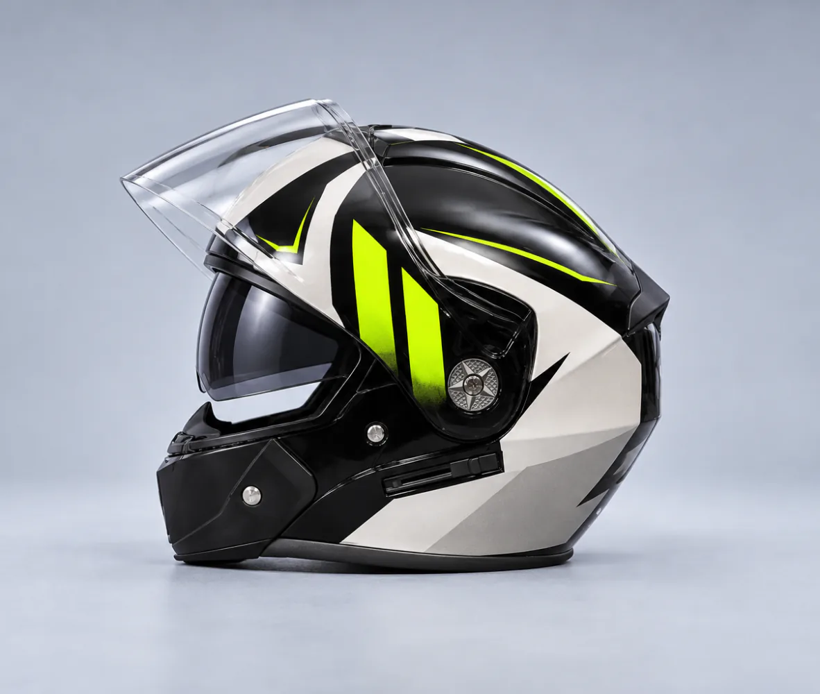 Aero Shield Flip Up Modular Helmet, Gloss White / Black / Fluorescent Yellow, side view