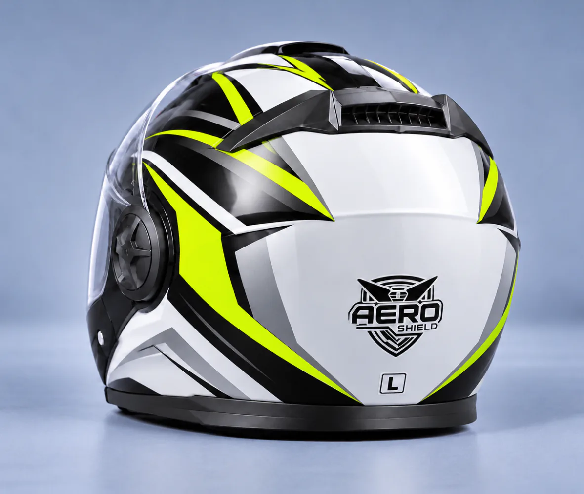 Aero Shield Flip Up Modular Helmet, Gloss White / Black / Fluorescent Yellow, rear view