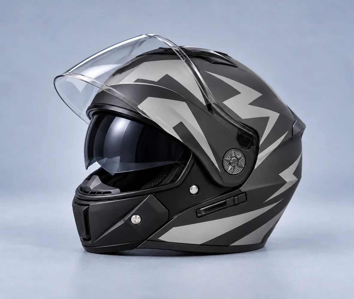Aero Shield Flip Up Modular Helmet, Matte Charcoal / Grey Graphic, front view