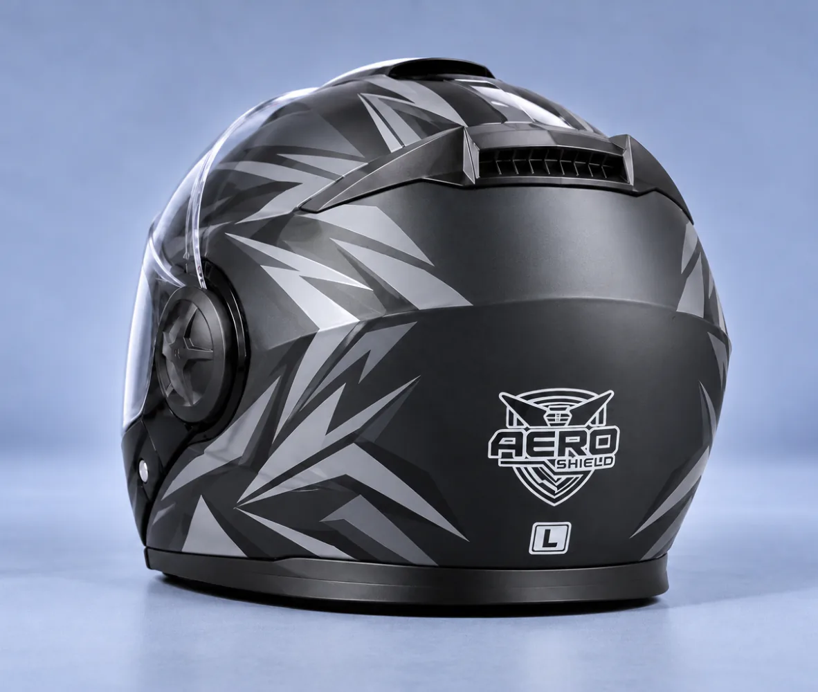 Aero Shield Flip Up Modular Helmet, Matte Charcoal / Grey Graphic, rear view