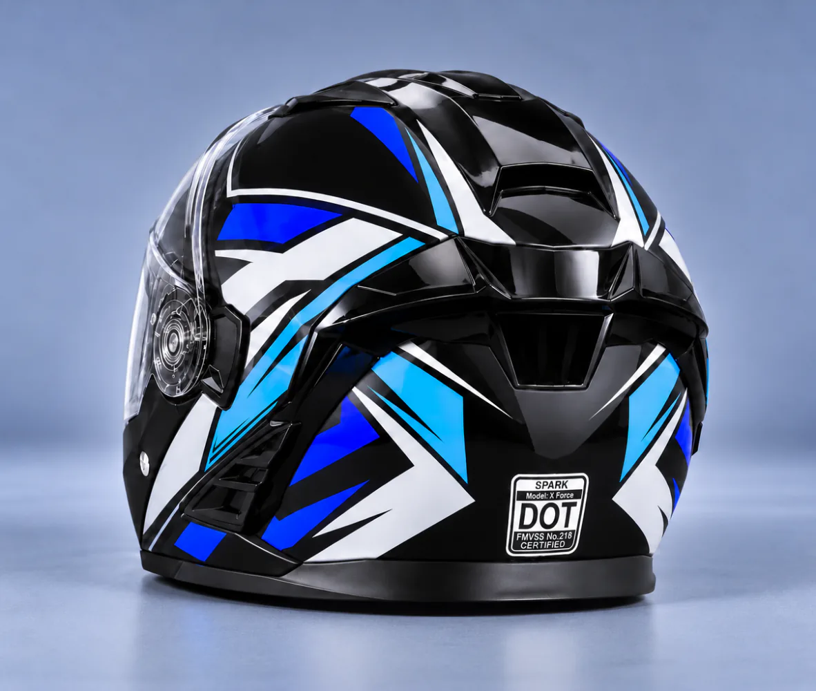 Aero Shield X Force Modular Helmet, Gloss Black / Blue / White, rear view